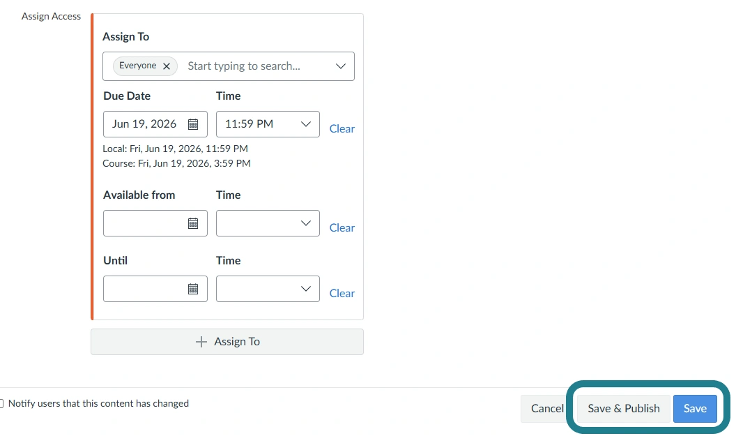The save and publish button for the assignment