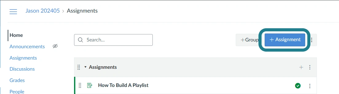 The create assignment button in Canvas