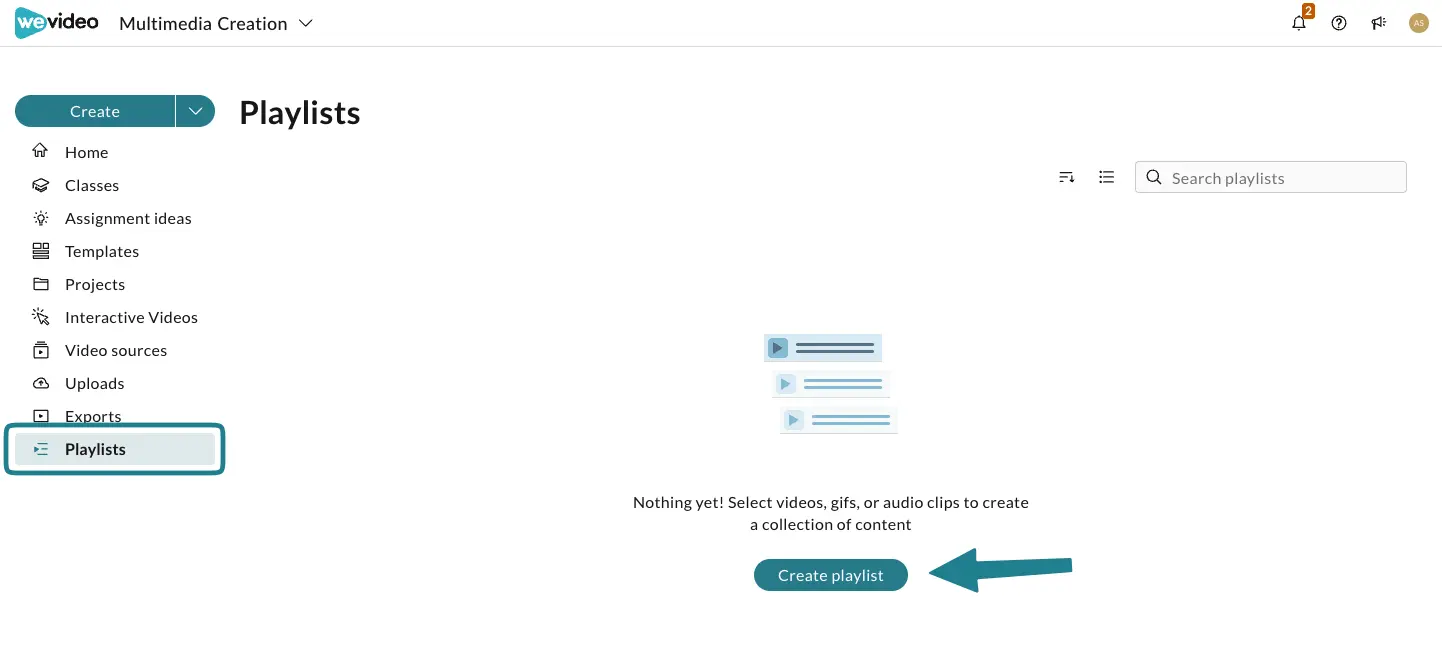 Playlists page in the Multimedia Creation space