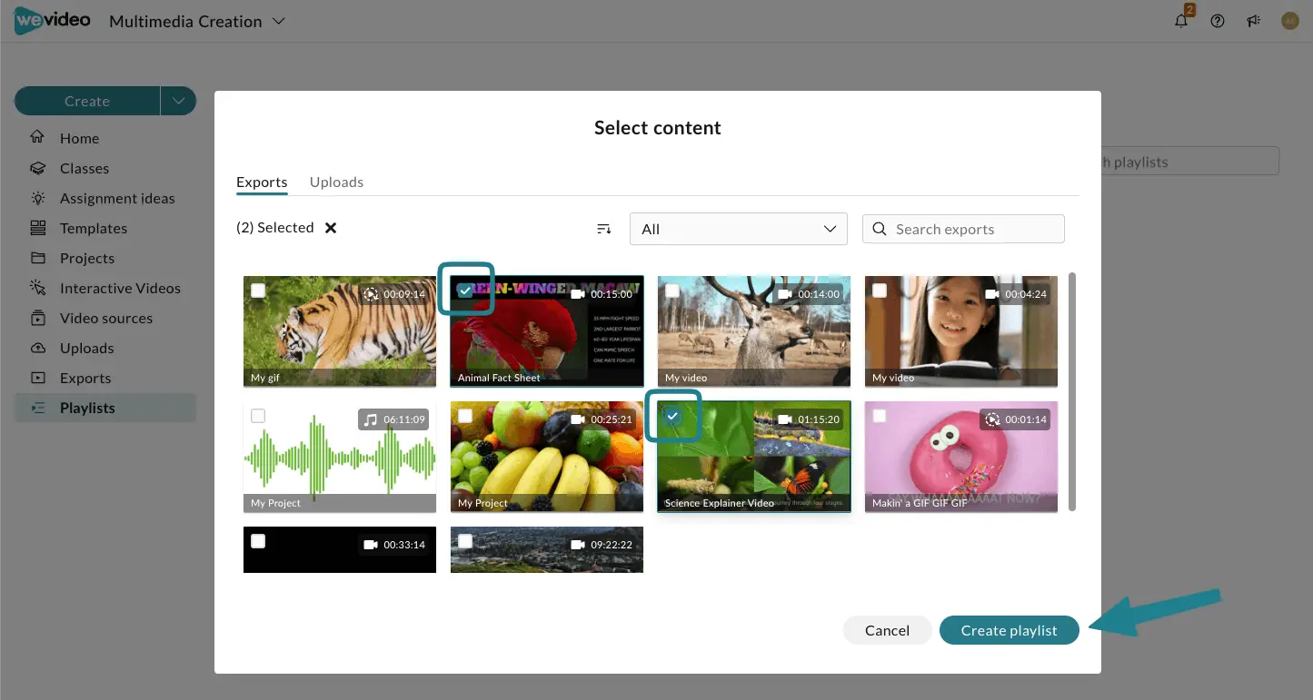Select the exports and uploads to add to the playlist and click Create Playlist to create a new playlist withe the selected media