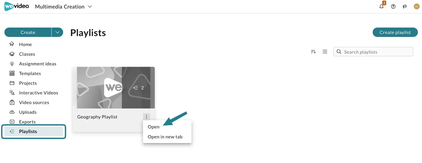 The action menu for the playlist on the Playlists page.
