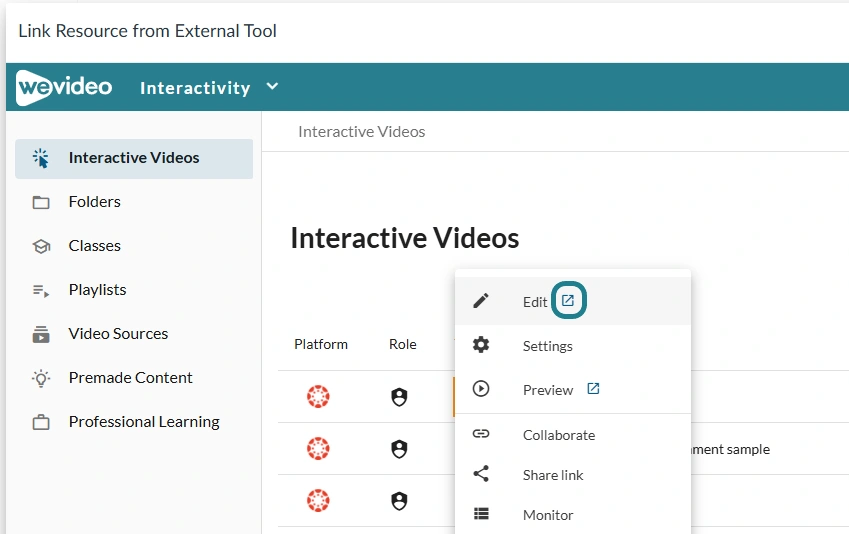 The edit interactive video option in the interactive video's action menu.