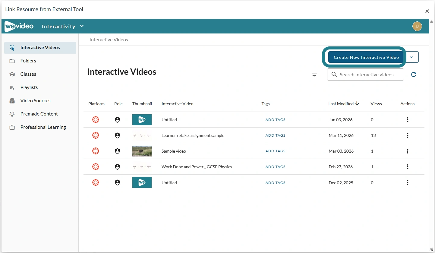 The create new interactive video button in Interactivity