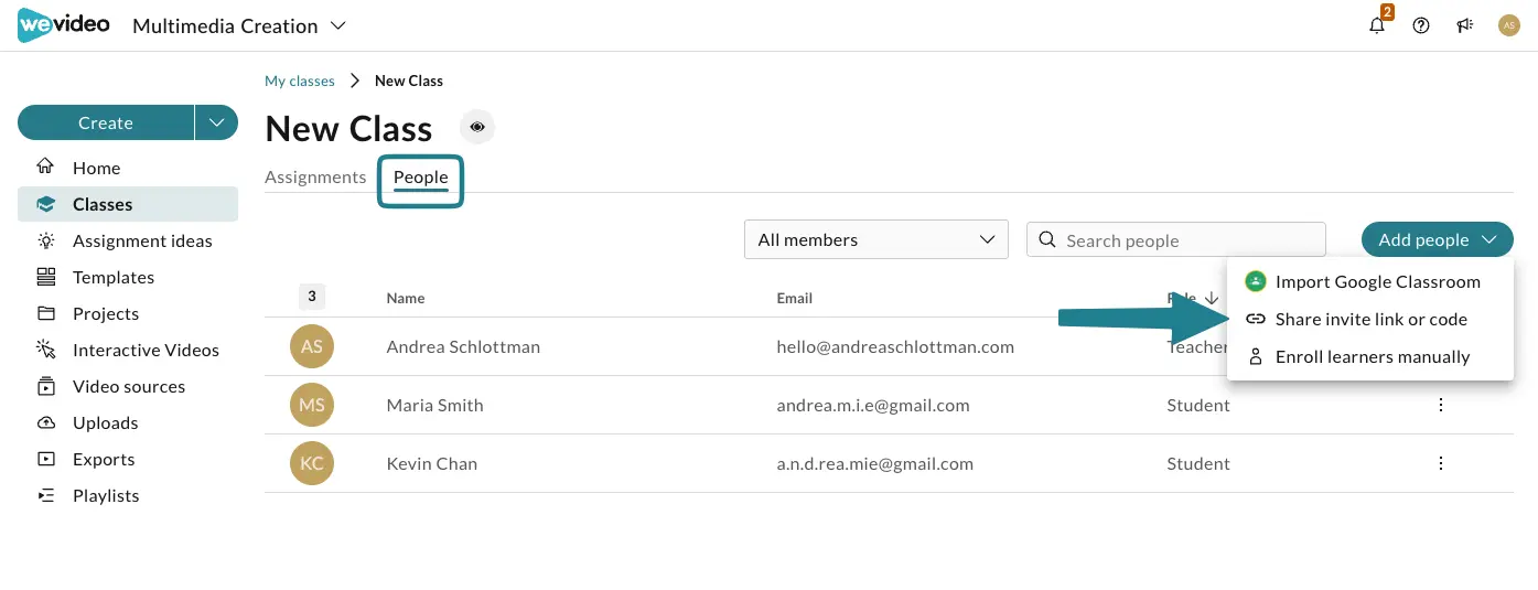 The people tab in the WeVideo Class