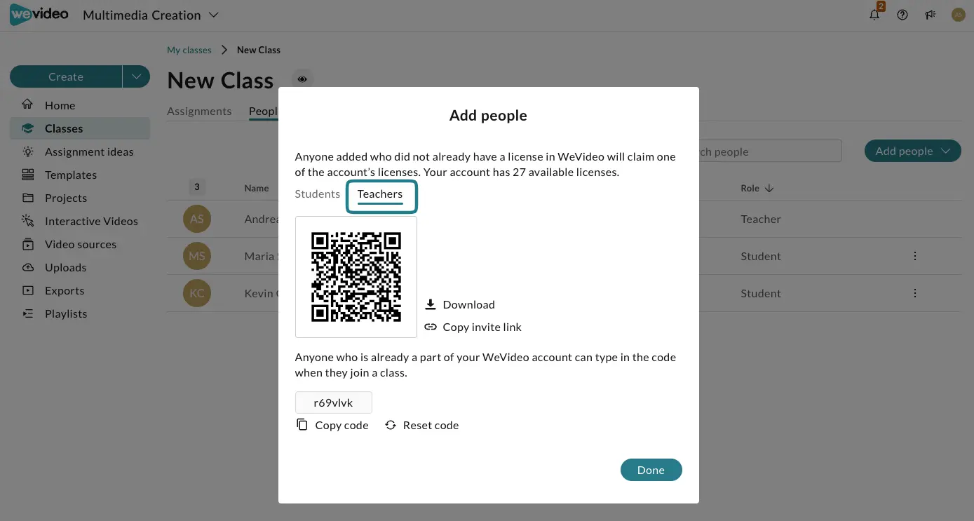 The teachers tab on the share link and code window