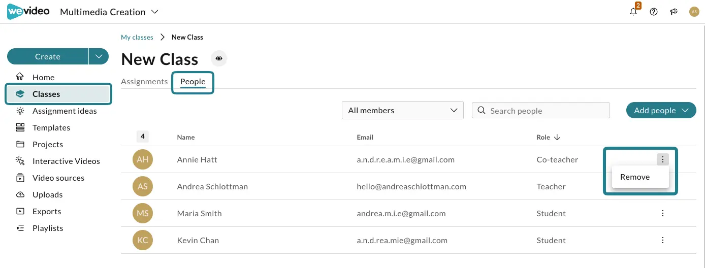 The remove option for the users in the people tab in the class