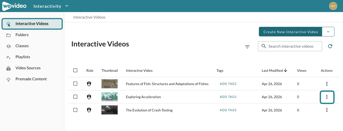 The interactive videos page in the Interactivity space