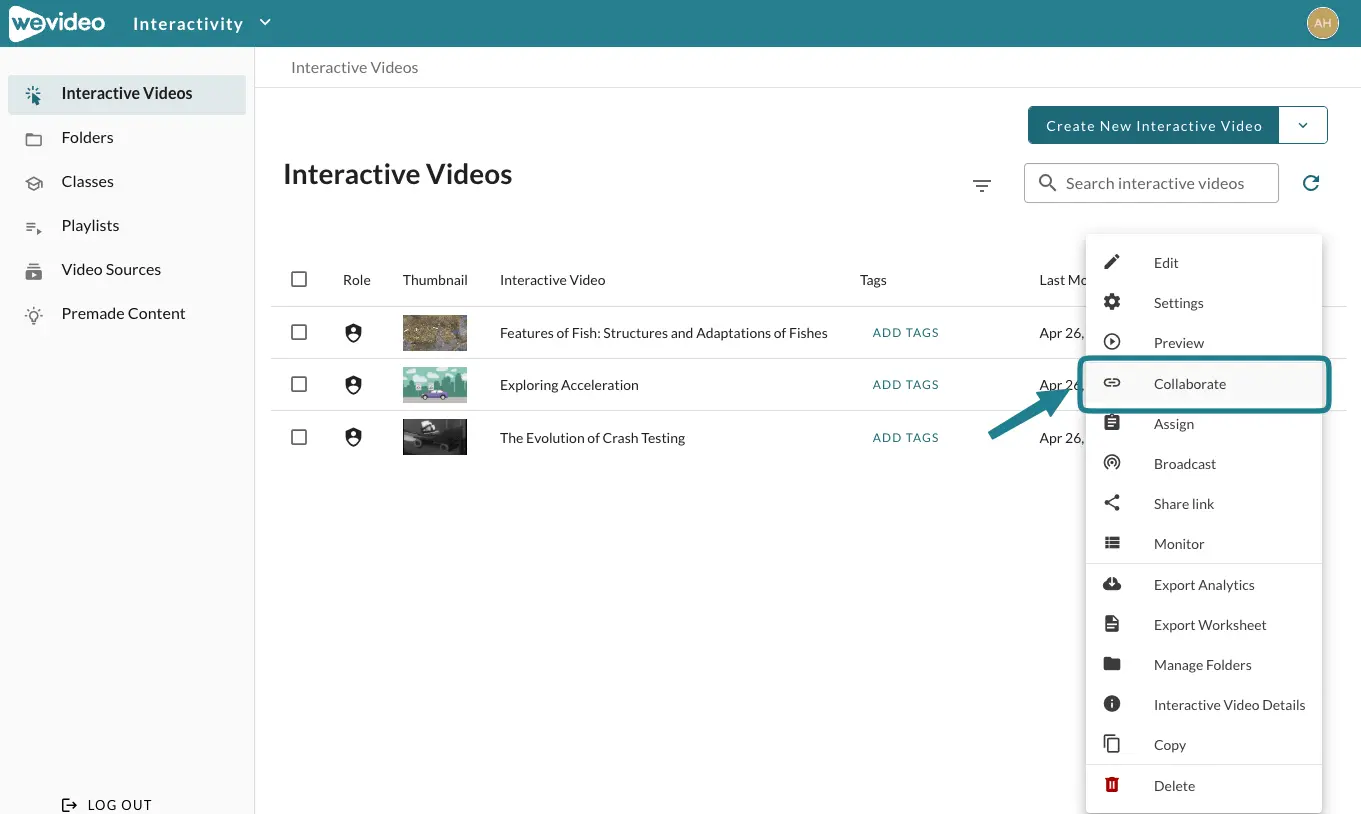 The collaborate option in the action menu