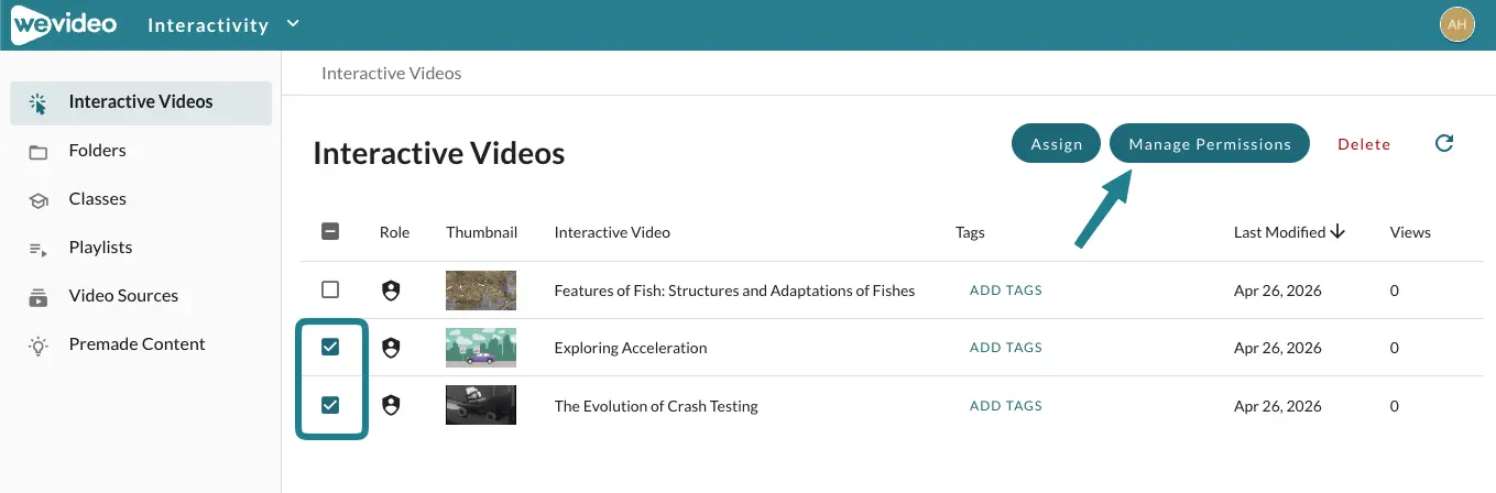 The manage permissions button on the interactive videos page.