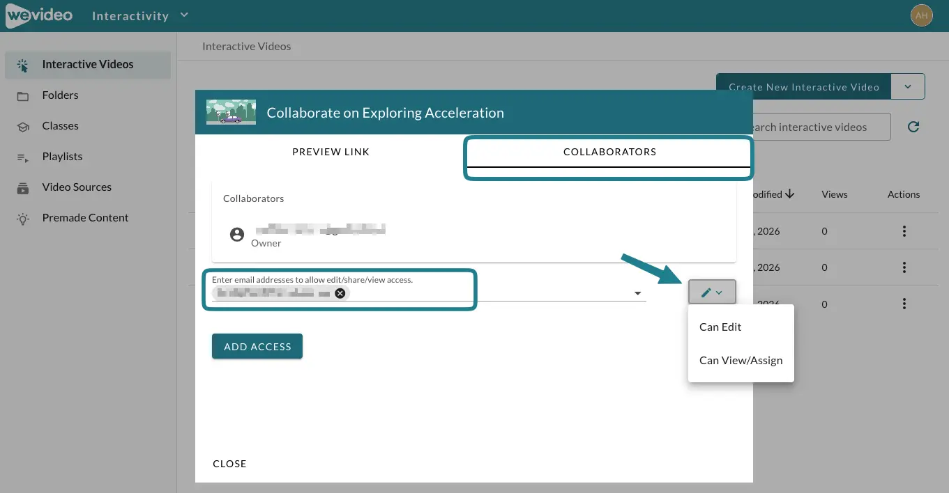 The edit permission window for the interactive video