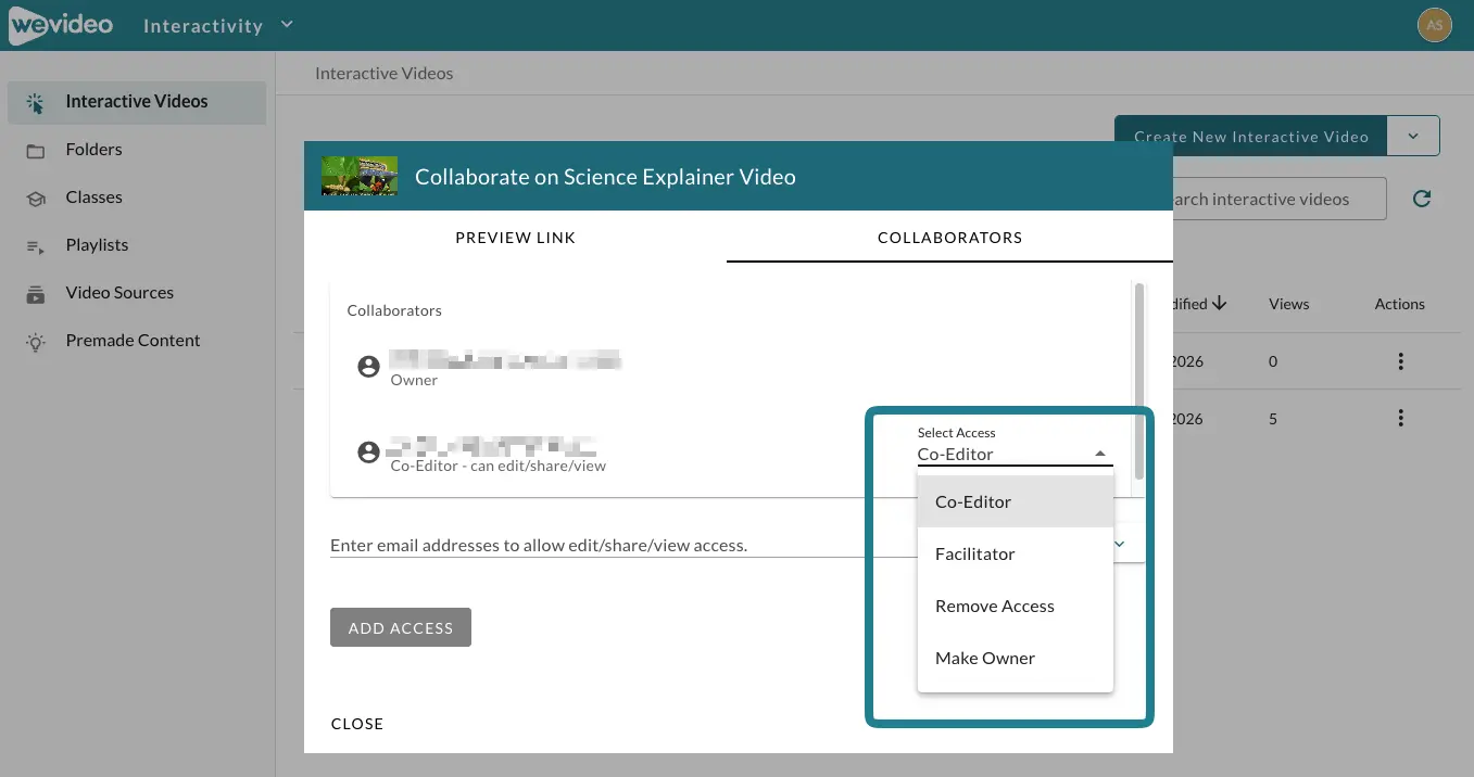 The edit permission window for the interactive video