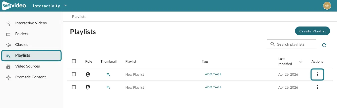 The playlists page in the Interactivity space