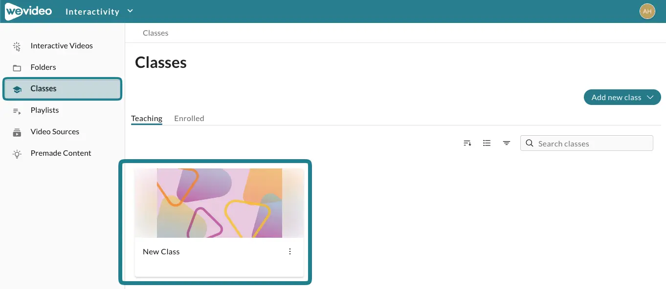 The classes page in the Interactivity space