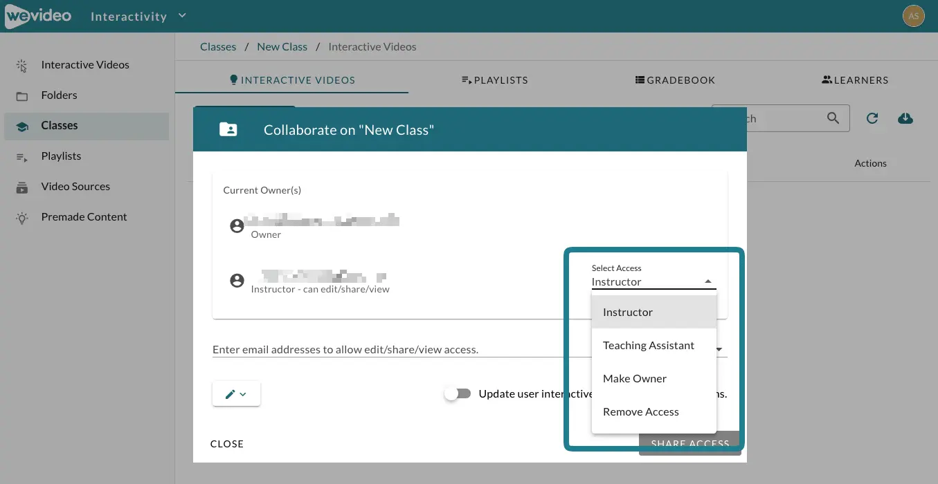 The edit permission window for the class