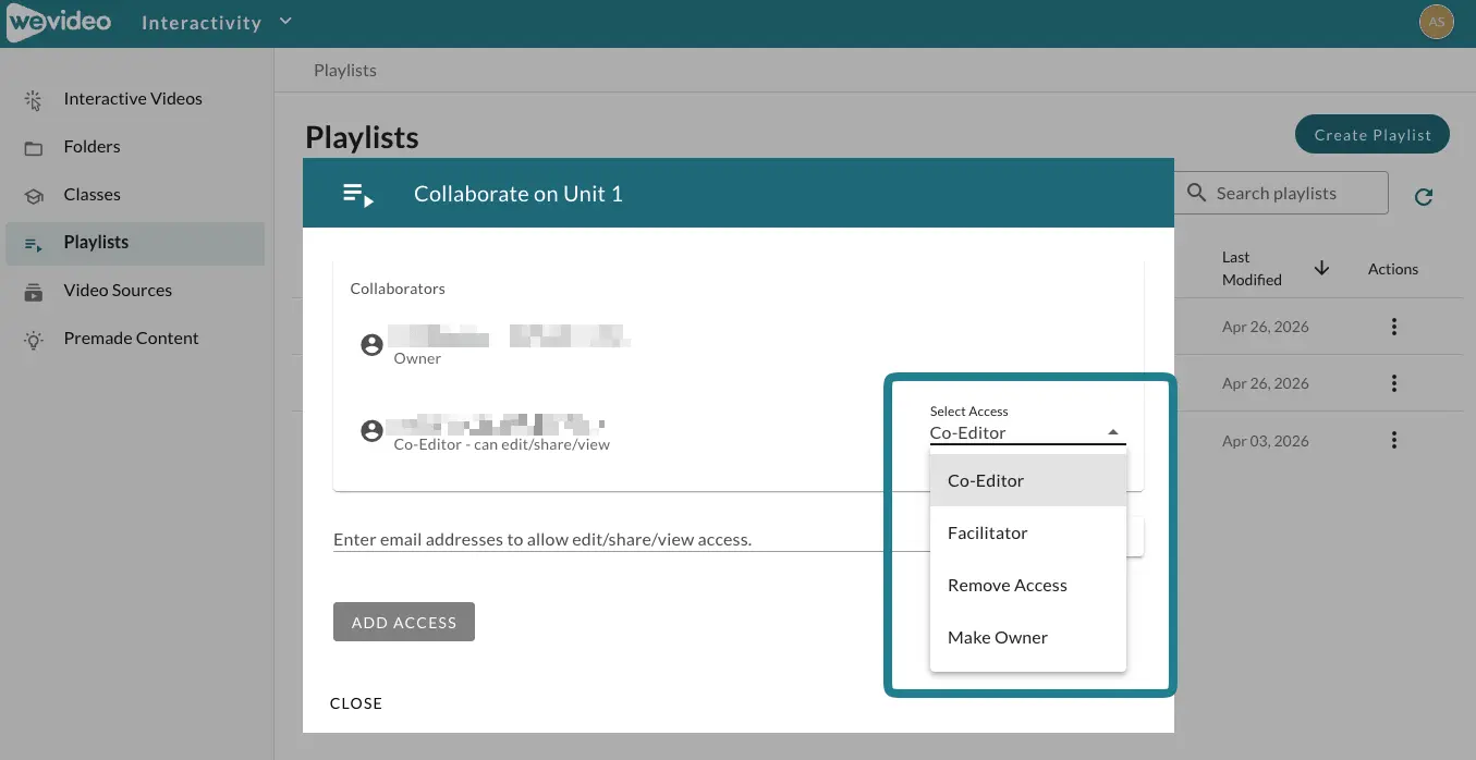 The edit permission window for the playlist