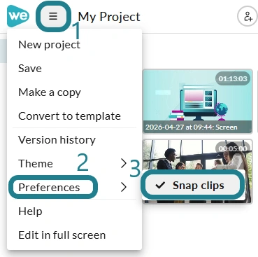 The snap clips option in the project settings