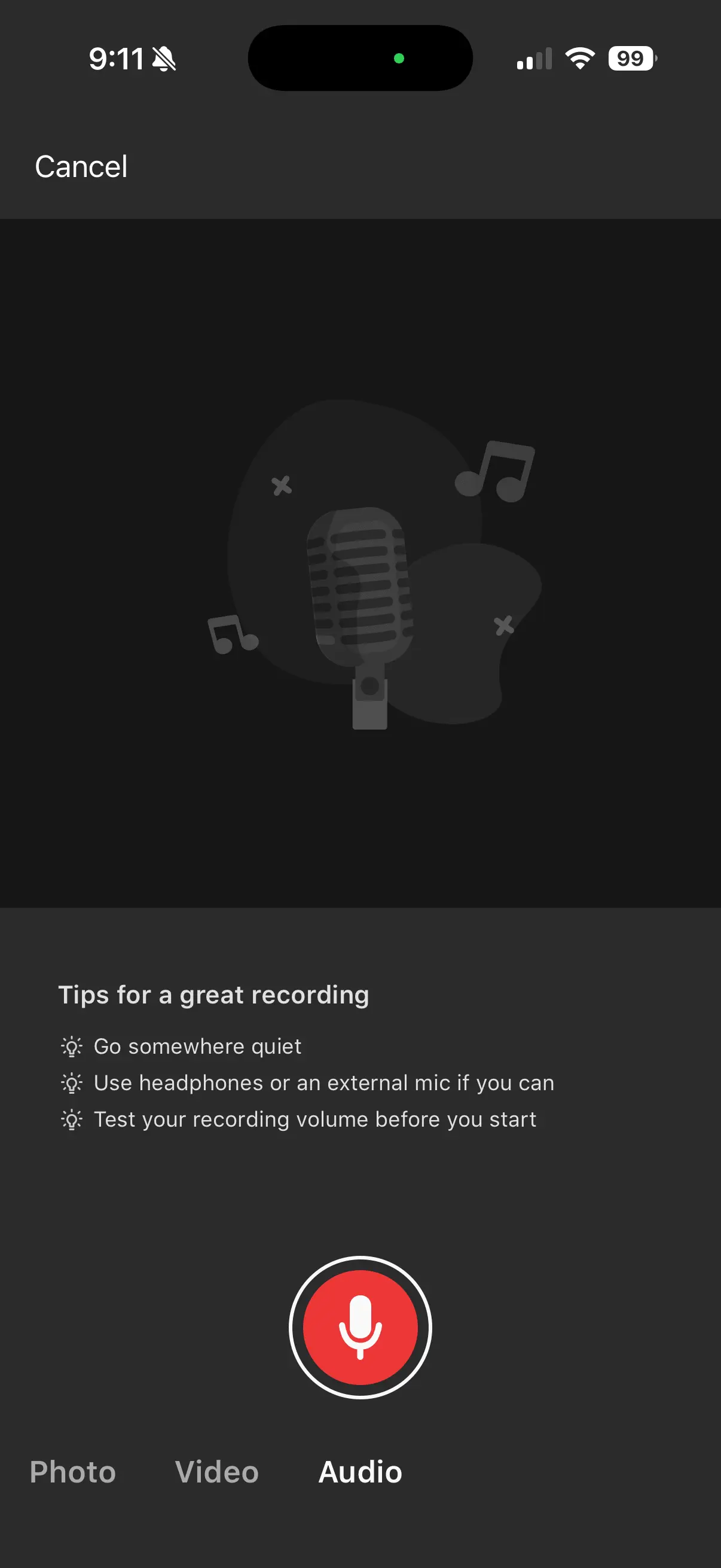 The audio recording page on the media capture page