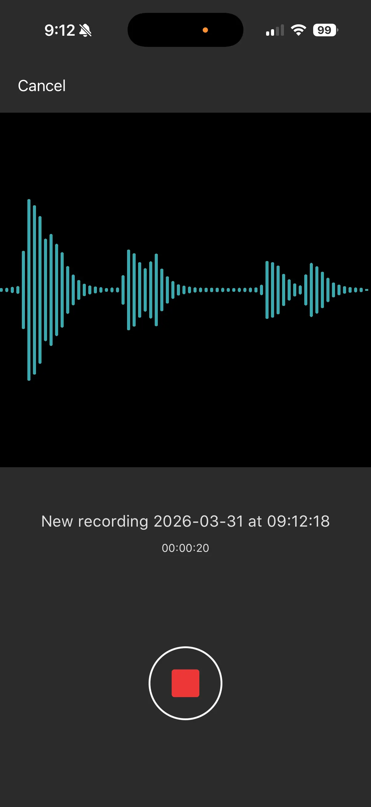 The stop recording button on the audio recording page