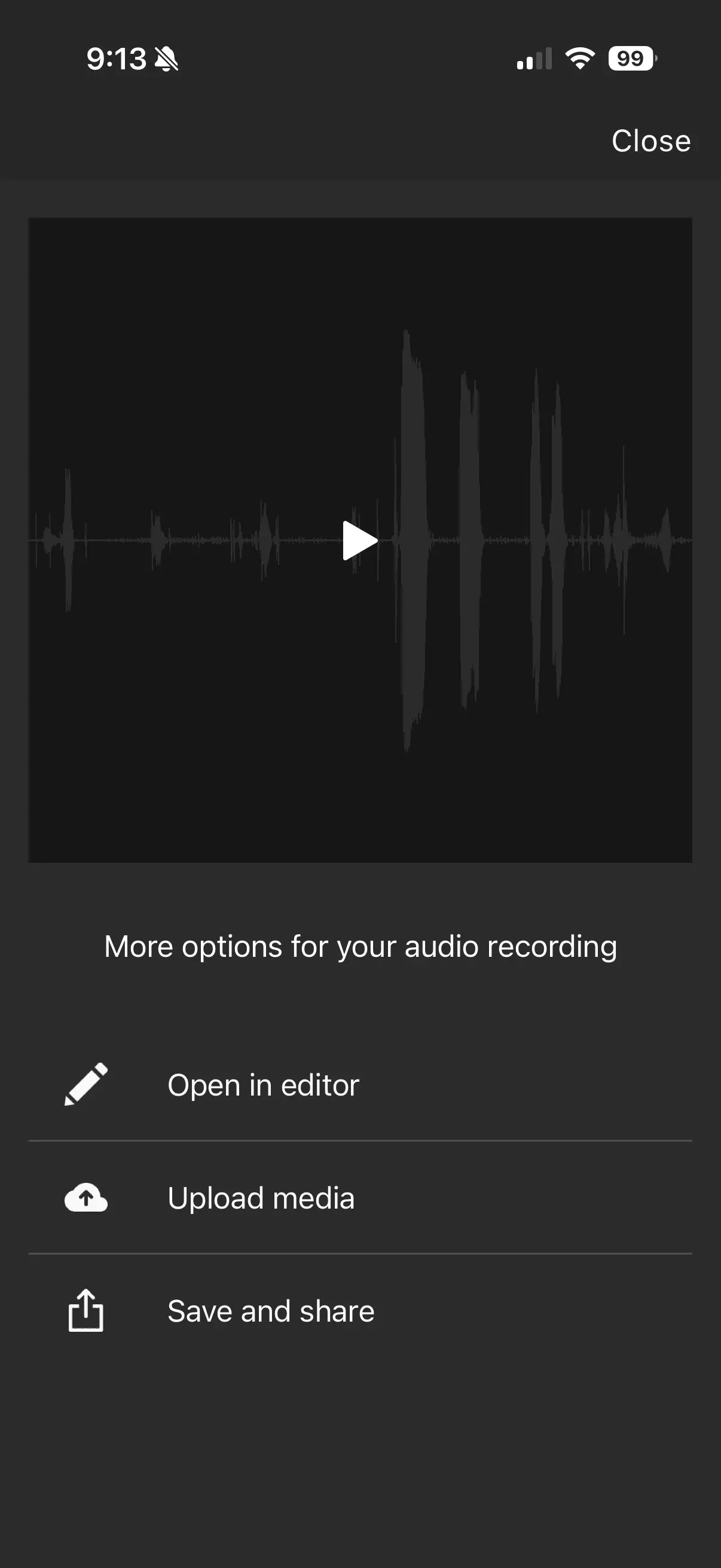 The save and share options for the recording