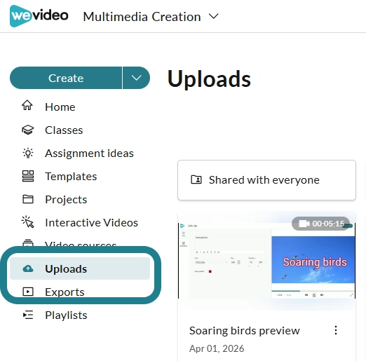 The upload and exports pages in WeVideo Multimedia Creation space
