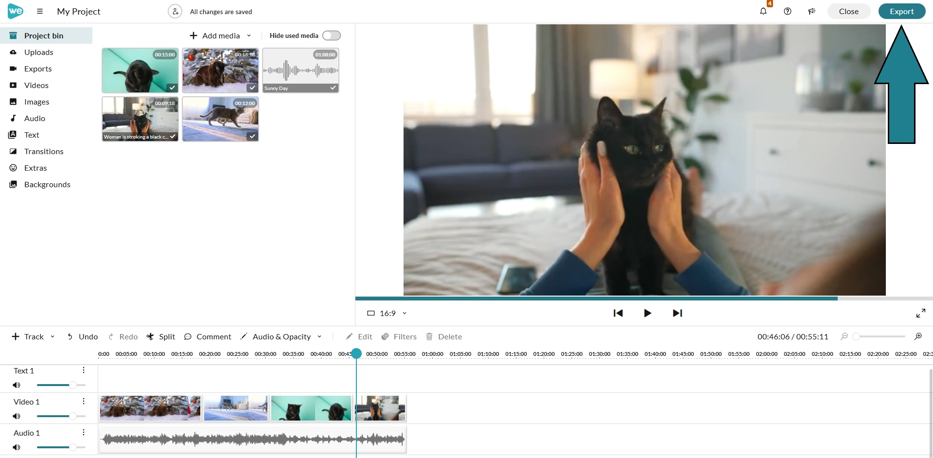 The export button in the video editor
