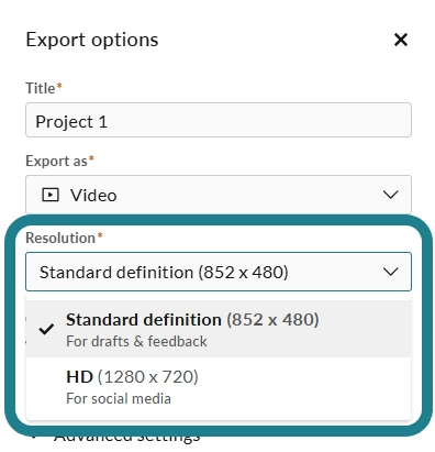 The resolution options for the export