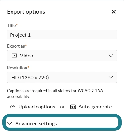 The advanced settings for the export