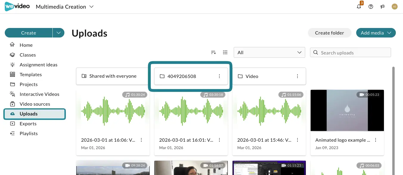 The copied folder on the Uploads page.