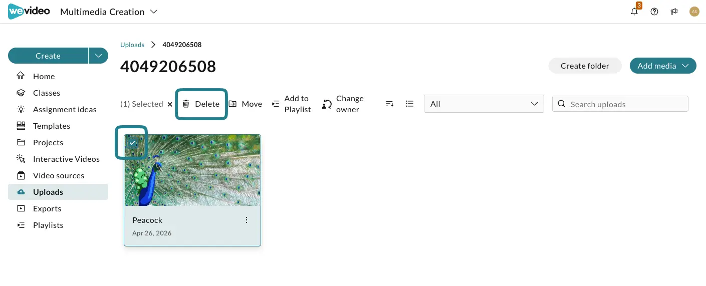 Select the videos with the checkbox and click the delete button to remove them.
