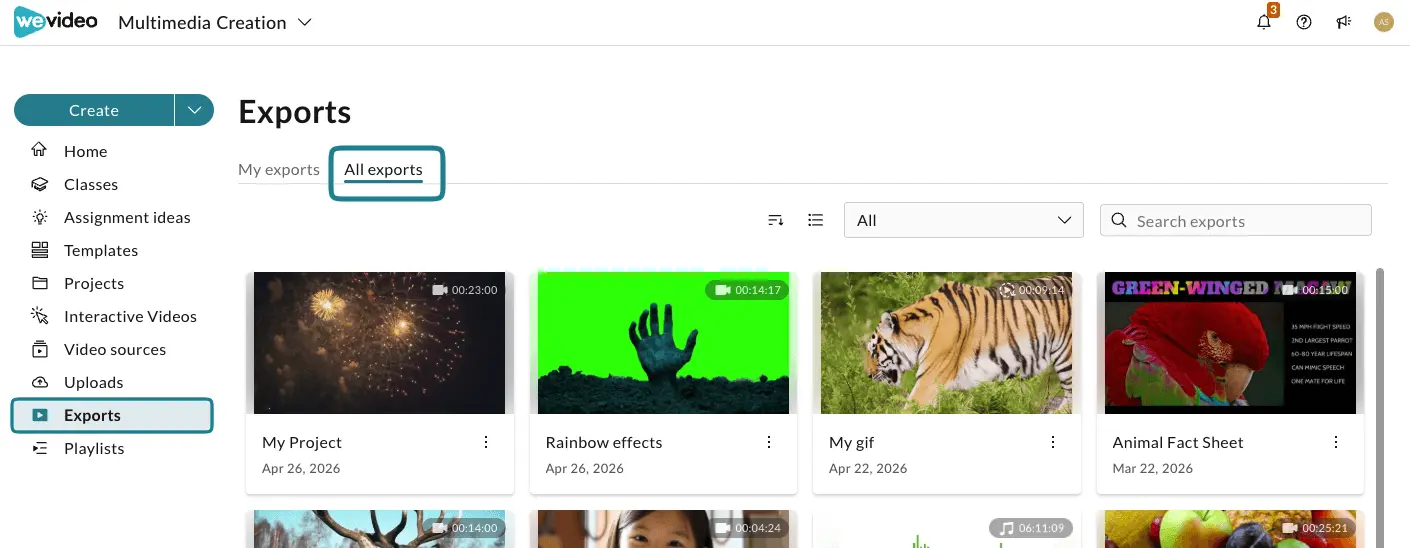 The all exports tab on the exports page.