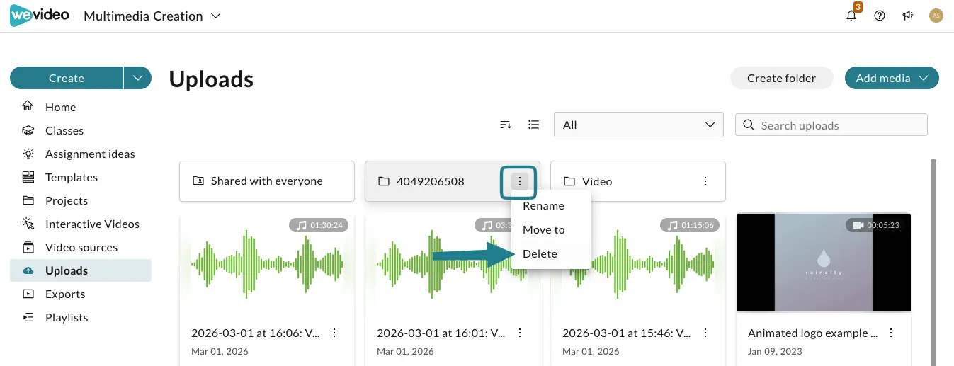 Expand the action menu of the folder by clicking the triple-dot button.