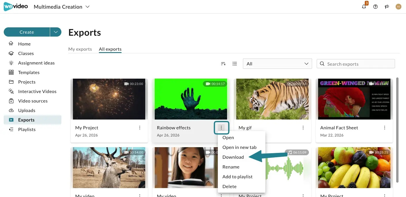 The download option for the copied videos.