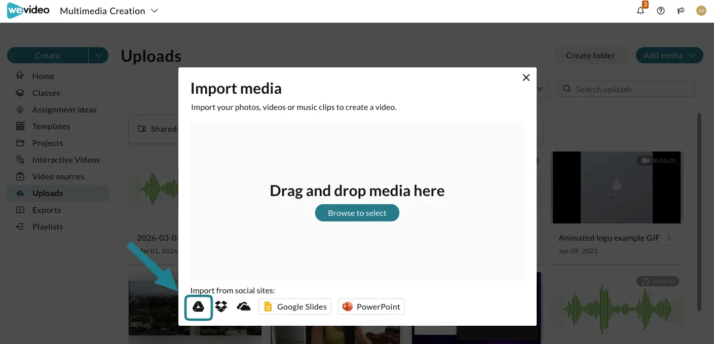 The add media from Google Drive option