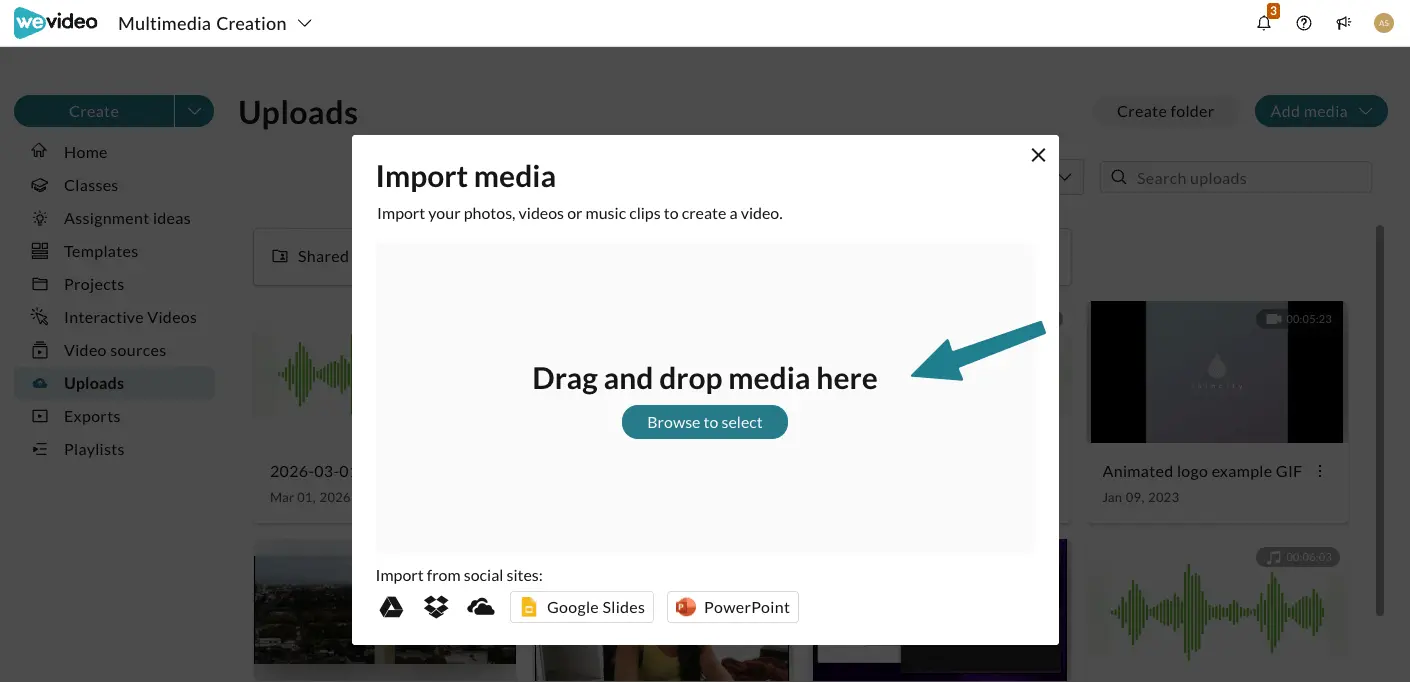 The upload media window in WeVideo