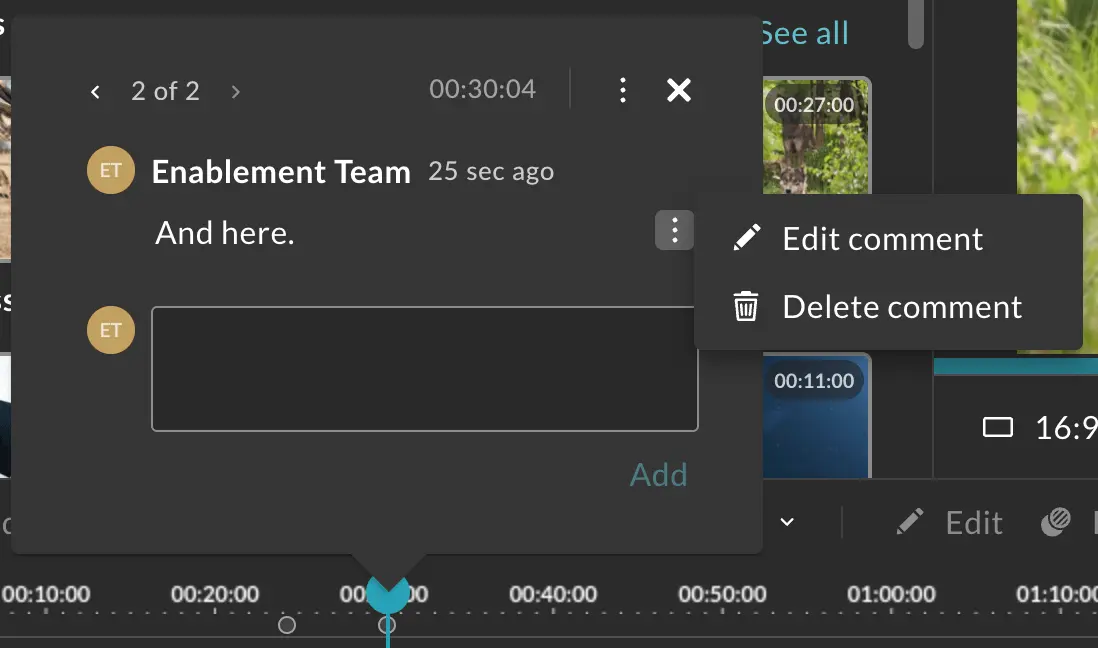 The edit or delete comment options for the marker.
