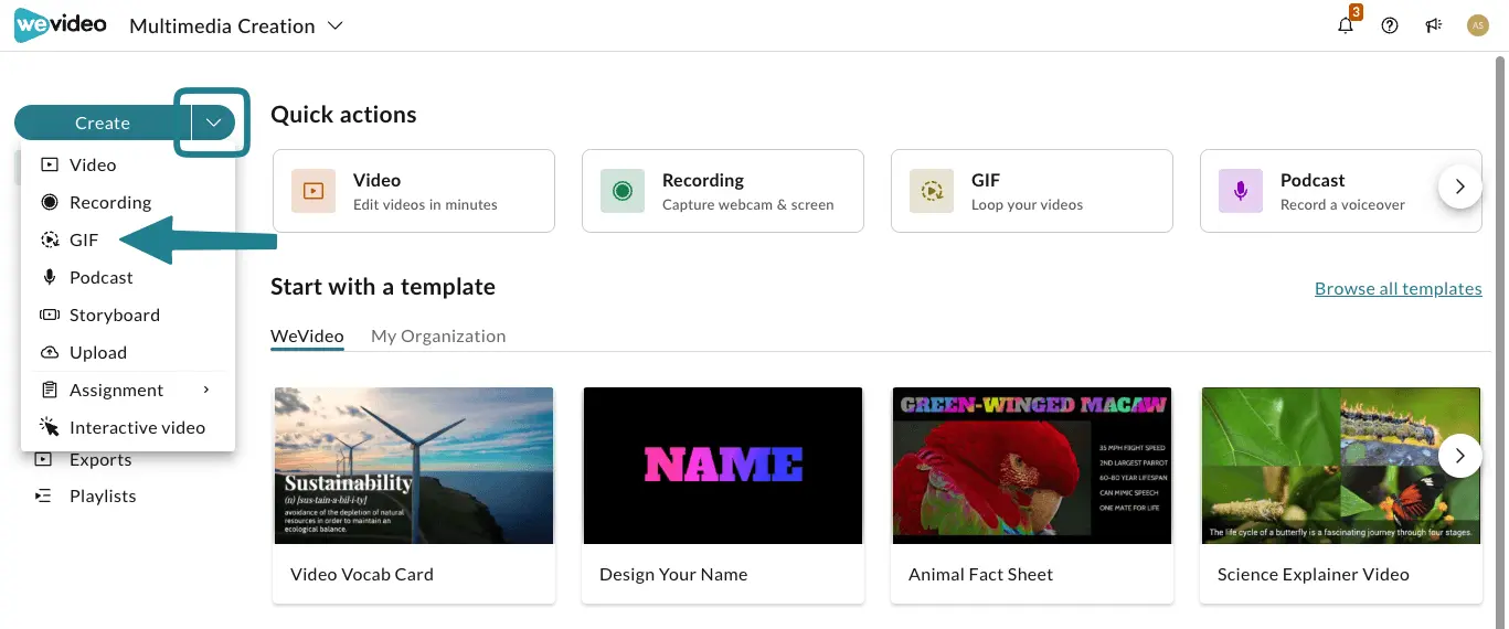 The GIF option for creating project