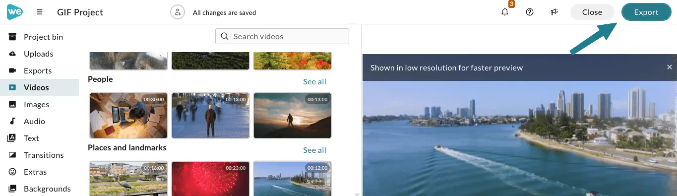 The export button in the video editor.