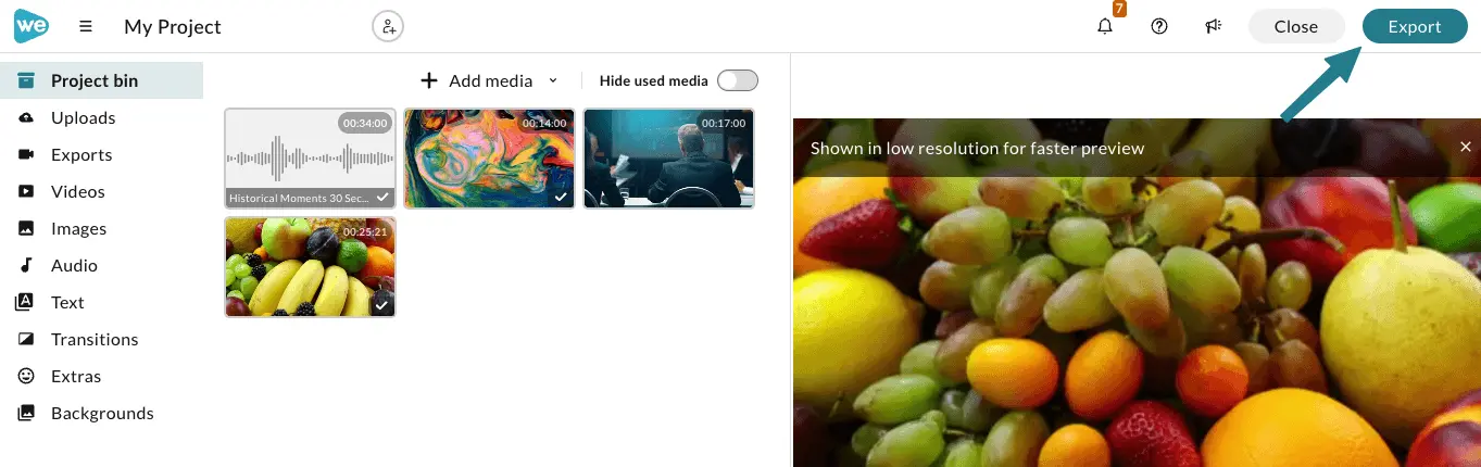 The export button in the video editor.