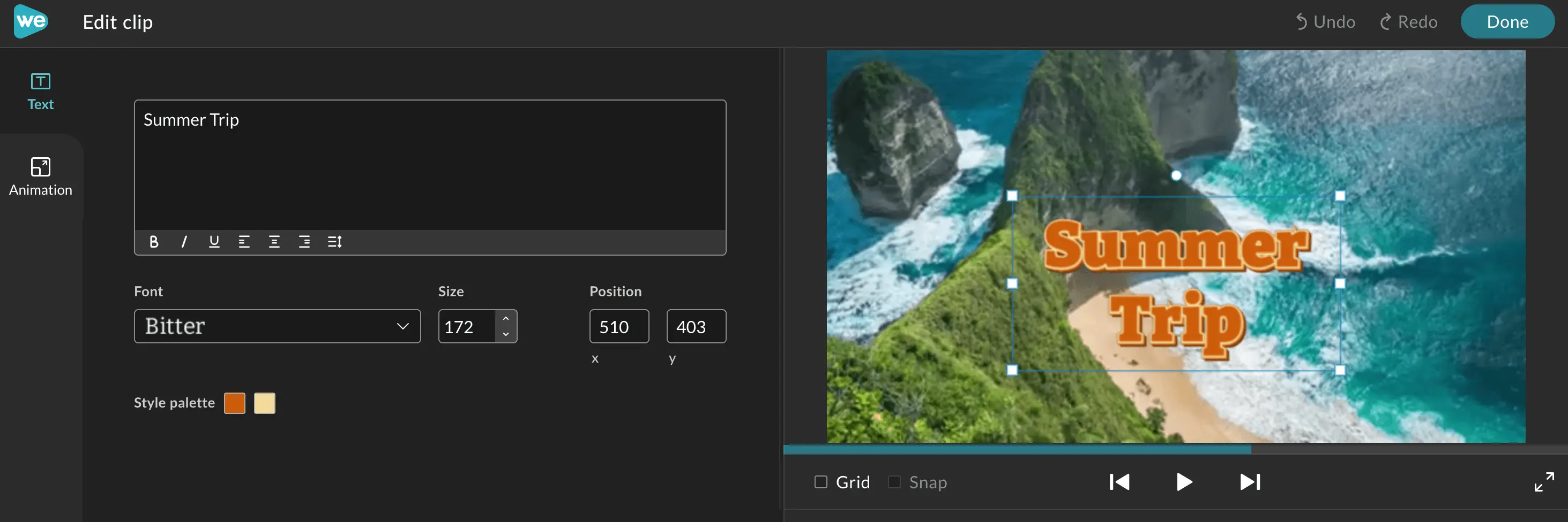 The clip editing panel to edit the motion title.