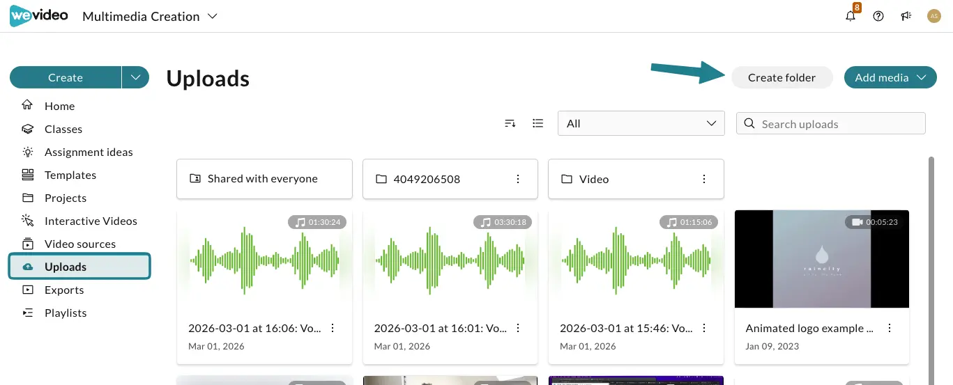 The create folder button on the Uploads page.