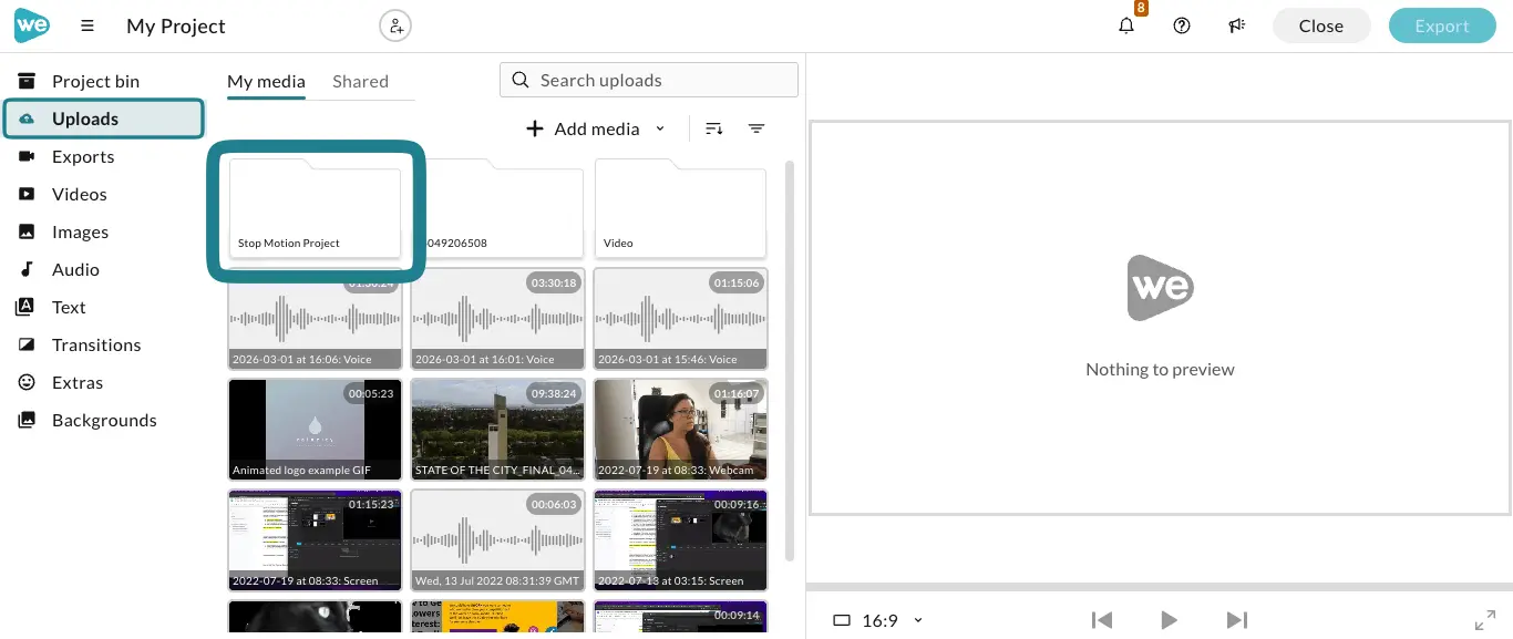 Find the folder from the Uploads tab in the editor