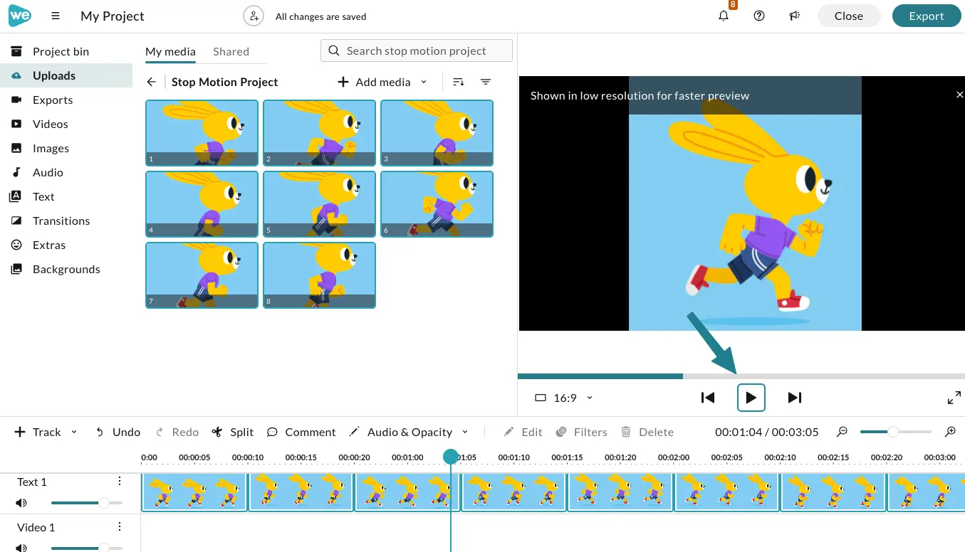 Preview the project by clicking the play button or the spacebar