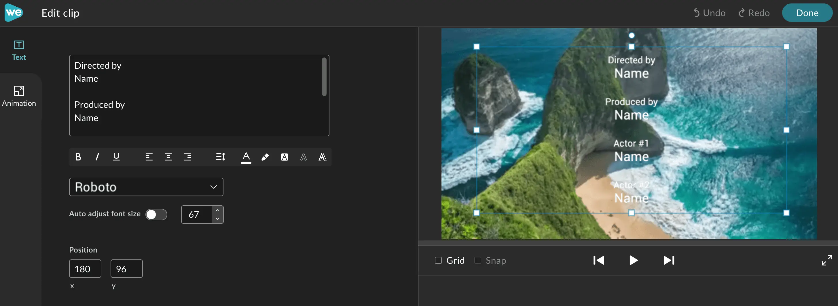The clip editor for the text item