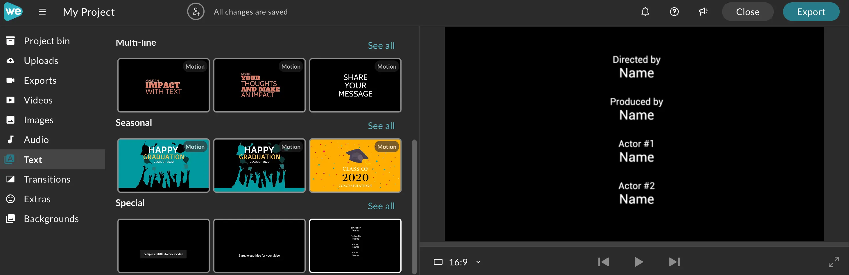 The text tab in the WeVideo editor