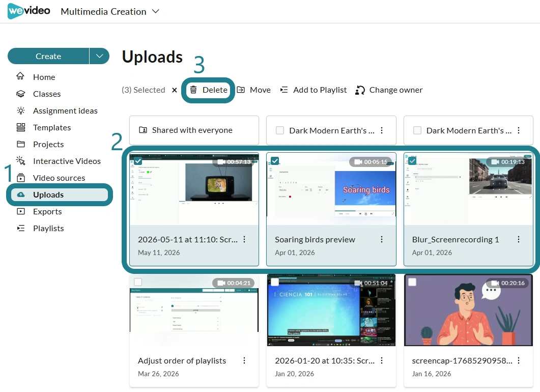 Select the media from the Uploads and Exports page, then click Delete to remove them