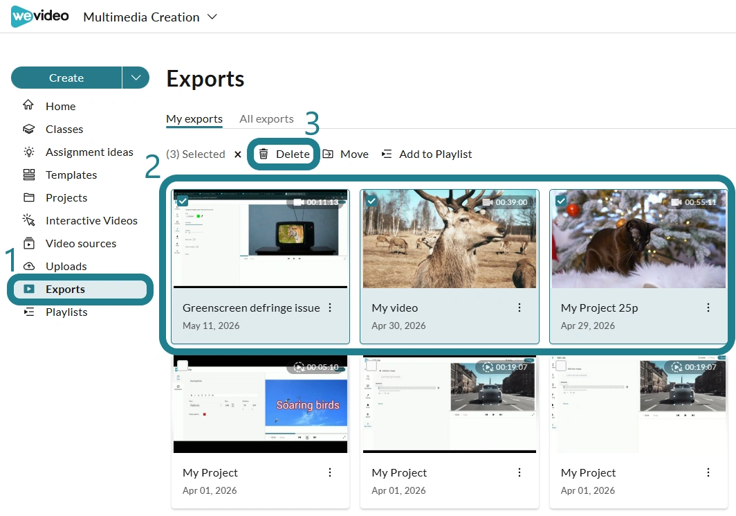 Select the media from the Exports page, then click Delete to remove them