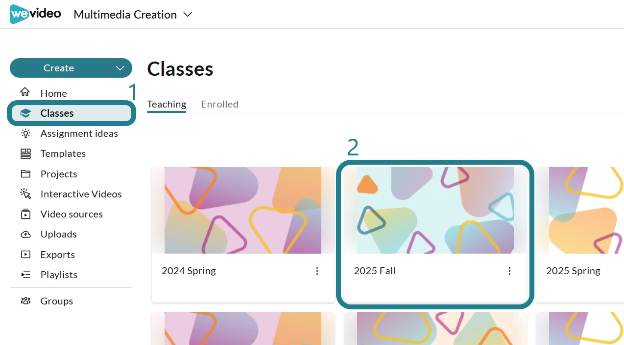 The classes page in the Multimedia Creation space