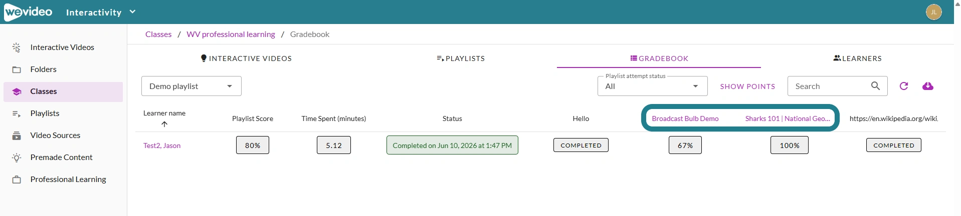The interactive video titles on the playlist monitor page