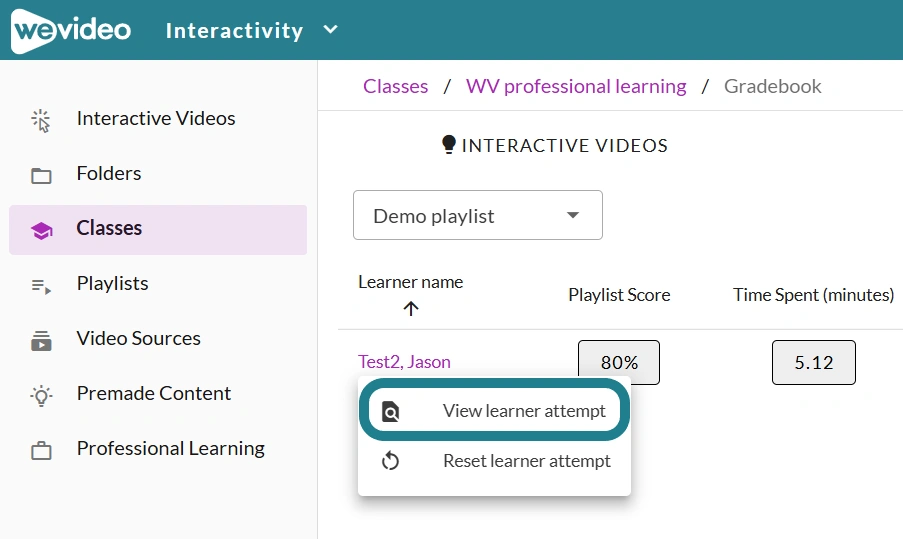 The view learner attempt option on the playlist monitor page.