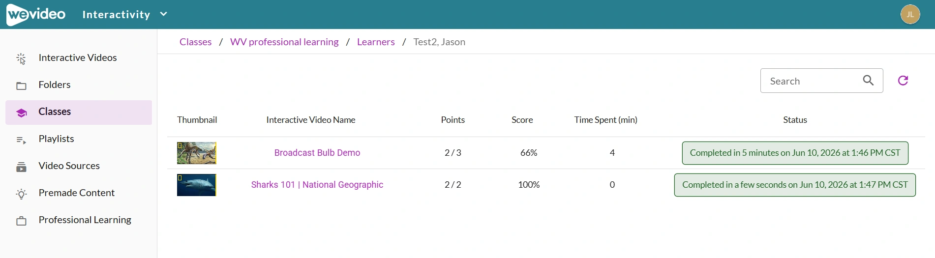 The learner attempt page for the selected learner